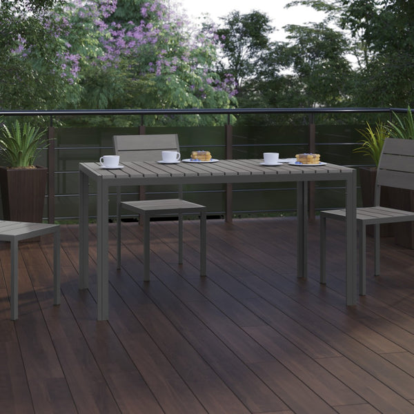 English Elm Finch Commercial-Grade Outdoor Dining Table with Faux Teak Slats and Metal Frame for All-Weather Use Gray Top/Gray Frame 55" x 31.5" SB-TB269-GRY-GG