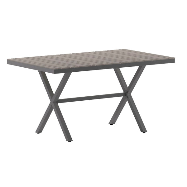 English Elm Finch Commercial-Grade Outdoor Dining Table with Faux Teak Slats and Sturdy Metal X-Frame Design Gray Top/Gray Frame 59" x 35.5" SB-TB288-GRY-GG