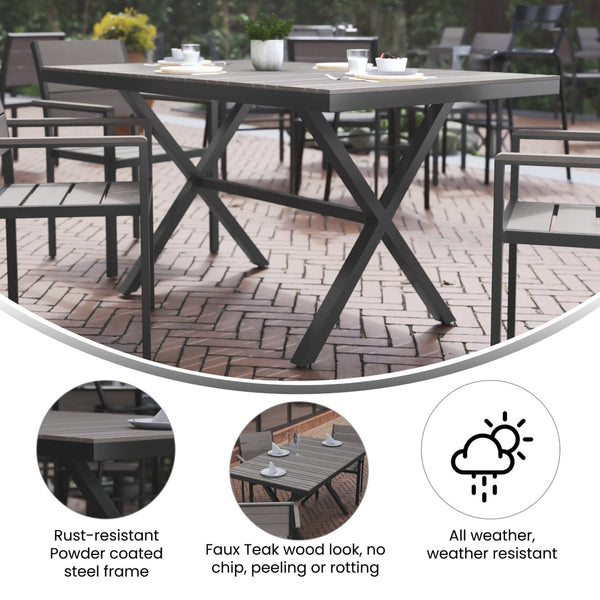 English Elm Finch Commercial-Grade Outdoor Dining Table with Faux Teak Slats and Sturdy Metal X-Frame Design Gray Top/Gray Frame 59" x 35.5" SB-TB288-GRY-GG