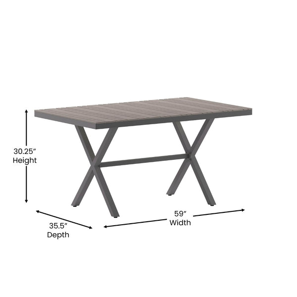 English Elm Finch Commercial-Grade Outdoor Dining Table with Faux Teak Slats and Sturdy Metal X-Frame Design Gray Top/Gray Frame 59" x 35.5" SB-TB288-GRY-GG