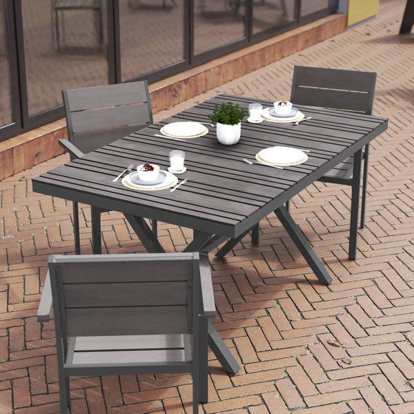 English Elm Finch Commercial-Grade Outdoor Dining Table with Faux Teak Slats and Sturdy Metal X-Frame Design Gray Top/Gray Frame 59" x 35.5" SB-TB288-GRY-GG