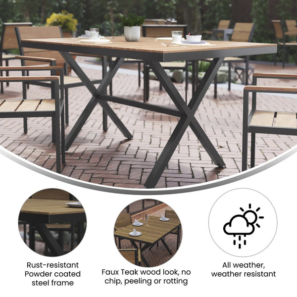 English Elm Finch Commercial-Grade Outdoor Dining Table with Faux Teak Slats and Sturdy Metal X-Frame Design Natural Top/Gray Frame 59" x 35.5" SB-TB288-NAT-GG