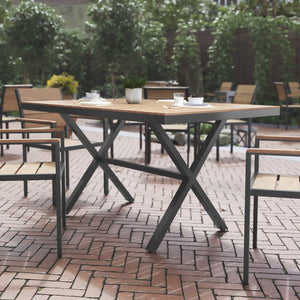 English Elm Finch Commercial-Grade Outdoor Dining Table with Faux Teak Slats and Sturdy Metal X-Frame Design Natural Top/Gray Frame 59" x 35.5" SB-TB288-NAT-GG