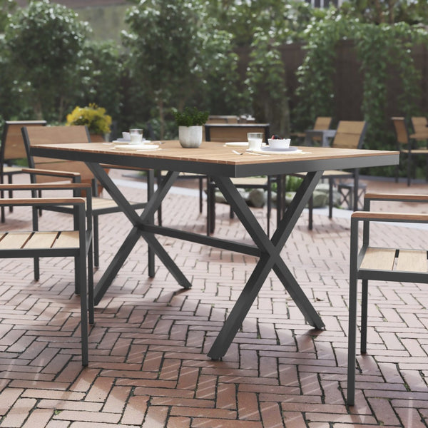 English Elm Finch Commercial-Grade Outdoor Dining Table with Faux Teak Slats and Sturdy Metal X-Frame Design Natural Top/Gray Frame 59" x 35.5" SB-TB288-NAT-GG