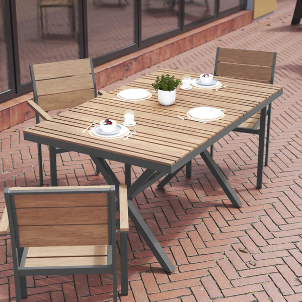 English Elm Finch Commercial-Grade Outdoor Dining Table with Faux Teak Slats and Sturdy Metal X-Frame Design Natural Top/Gray Frame 59" x 35.5" SB-TB288-NAT-GG