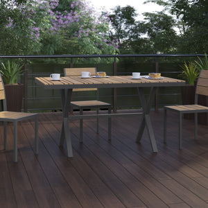 English Elm Finch Commercial-Grade Outdoor Dining Table with Faux Teak Slats and Sturdy Metal X-Frame Design Natural Top/Gray Frame 59" x 35.5" SB-TB288-NAT-GG