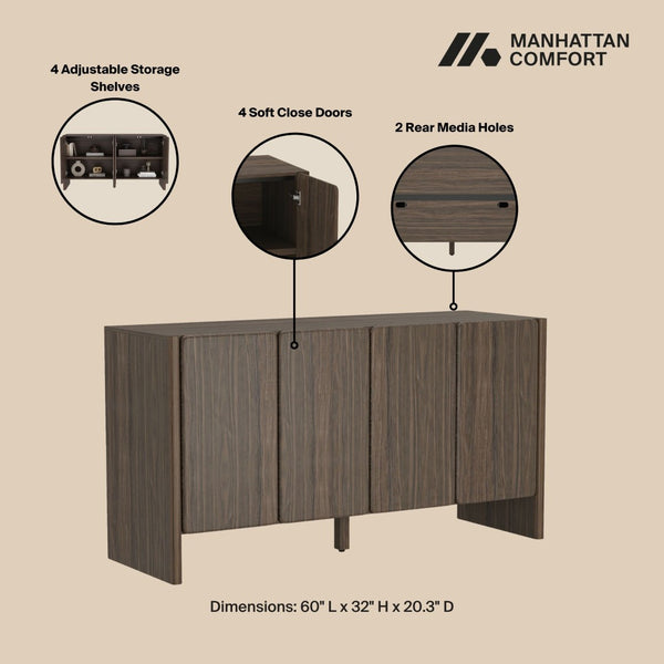 Manhattan Comfort Linda Modern 60" Sideboard - Elevated Storage Solution With Minimalist Design For Stylish Living Spaces Walnut Brown Mdp Sb008-br