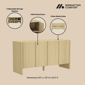 Manhattan Comfort Linda Modern 60" Sideboard - Elevated Storage Solution With Minimalist Design For Stylish Living Spaces Natural Oak Mdp Sb008-na