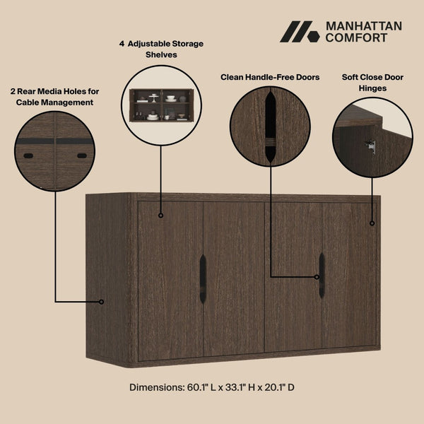 Manhattan Comfort Rivington Modern 60" Sideboard - Elegant Storage Solution With Adjustable Shelves For Any Space Walnut Mdp Sb009-br