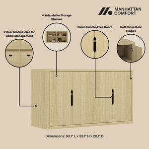 Manhattan Comfort Rivington Modern 60" Sideboard - Elegant Storage Solution With Adjustable Shelves For Any Space Natural Oak Mdp Sb009-na