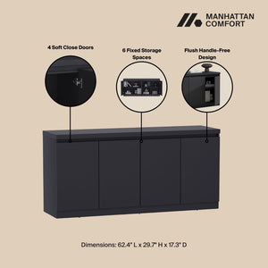 Manhattan Comfort Griffin Modern 62" Sideboard With Soft-close Doors And Spacious Shelving For Effortless Organization Onyx Mdp Sb1006-bk