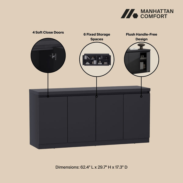Manhattan Comfort Griffin Modern 62" Sideboard With Soft-close Doors And Spacious Shelving For Effortless Organization Onyx Mdp Sb1006-bk