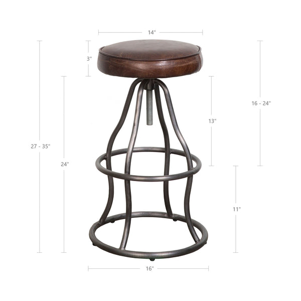Lh Imports Bowie Stool - Stylish Adjustable Height Design With Durable Top Grain Leather And Iron Base Brown Iron,Leather,Polyester Fiber,Pu Foam Sbs49-08