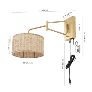 Safavieh BRAMLEY, Set of 2 Rattan and Iron Wall Sconces for Modern Ambient Lighting in Any Room Decor Natural / Brass SCN4076A-SET2