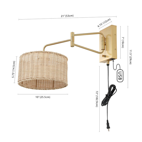 Safavieh BRAMLEY, Set of 2 Rattan and Iron Wall Sconces for Modern Ambient Lighting in Any Room Decor Natural / Brass SCN4076A-SET2