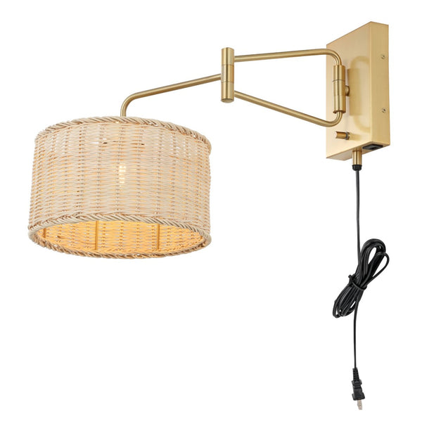Safavieh BRAMLEY, Set of 2 Rattan and Iron Wall Sconces for Modern Ambient Lighting in Any Room Decor Natural / Brass SCN4076A-SET2