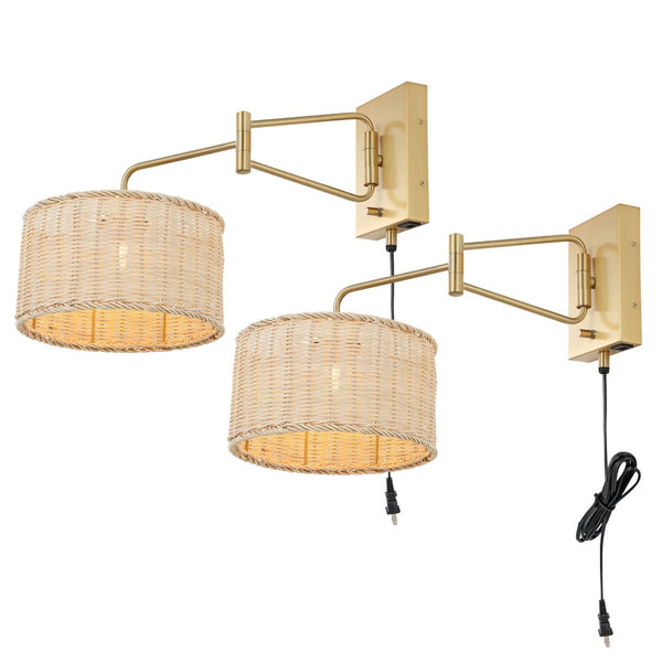 Safavieh BRAMLEY, Set of 2 Rattan and Iron Wall Sconces for Modern Ambient Lighting in Any Room Decor Natural / Brass SCN4076A-SET2