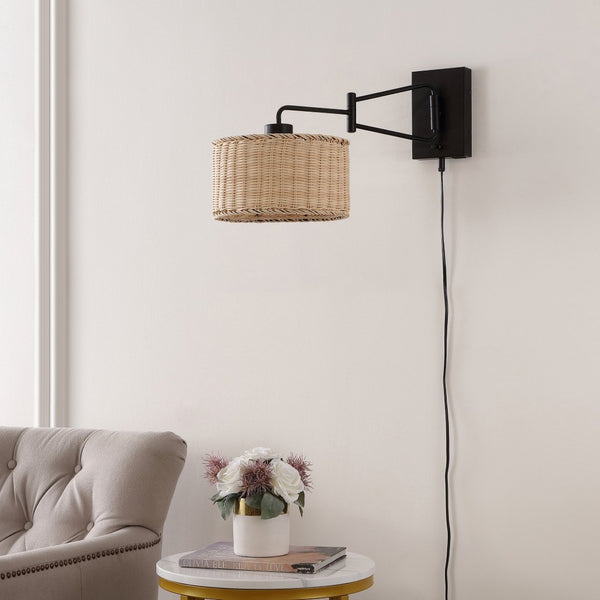 Safavieh BRAMLEY, Set of 2 Rattan and Iron Wall Sconces for Modern Ambient Lighting in Any Room Decor Natural / Black SCN4076B-SET2