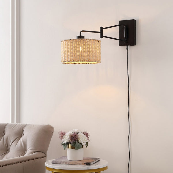 Safavieh BRAMLEY, Set of 2 Rattan and Iron Wall Sconces for Modern Ambient Lighting in Any Room Decor Natural / Black SCN4076B-SET2