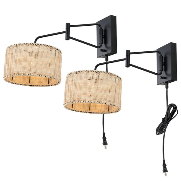 Safavieh BRAMLEY, Set of 2 Rattan and Iron Wall Sconces for Modern Ambient Lighting in Any Room Decor Natural / Black SCN4076B-SET2