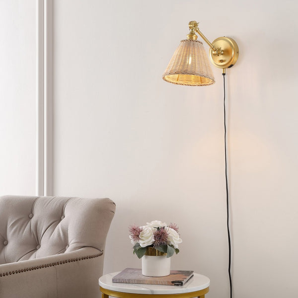 Safavieh OSWYNN, Elegant Rattan and Iron Wall Sconce Set of 2 for Ambient Lighting in Any Space Natural / Brass SCN4077A-SET2