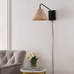Safavieh TRESSA, Elegant Rattan and Iron Wall Sconce Set of 2 for Timeless Home Decor and Ambient Lighting Natural / Black SCN4078B-SET2