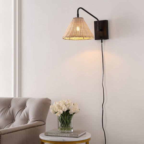 Safavieh TRESSA, Elegant Rattan and Iron Wall Sconce Set of 2 for Timeless Home Decor and Ambient Lighting Natural / Black SCN4078B-SET2