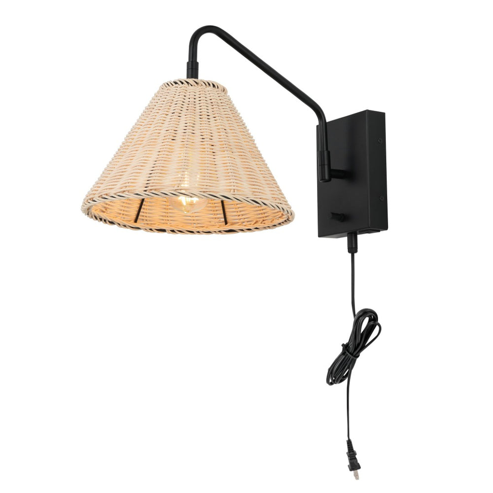 Safavieh TRESSA, Elegant Rattan and Iron Wall Sconce Set of 2 for Timeless Home Decor and Ambient Lighting Natural / Black SCN4078B-SET2