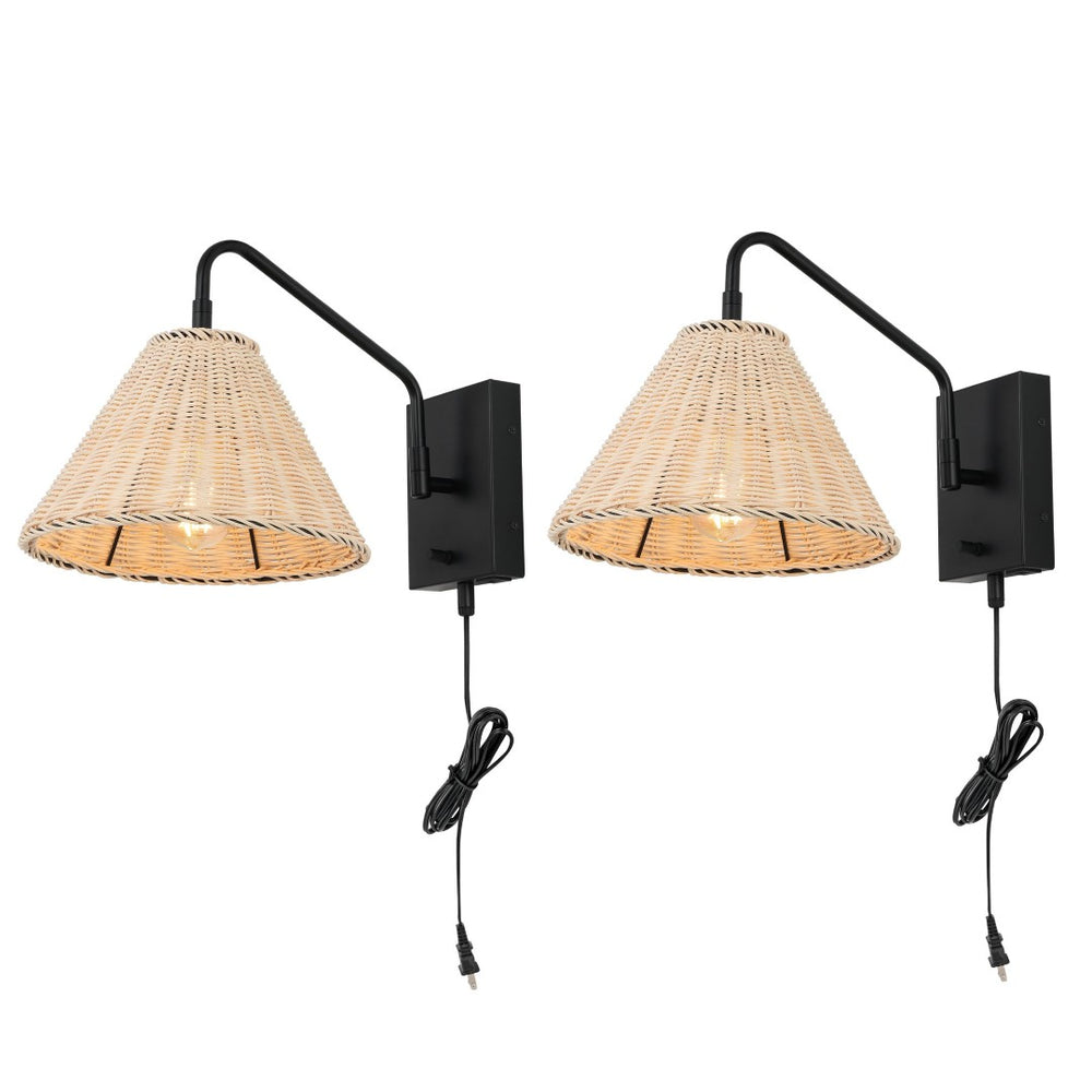 Safavieh TRESSA, Elegant Rattan and Iron Wall Sconce Set of 2 for Timeless Home Decor and Ambient Lighting Natural / Black SCN4078B-SET2