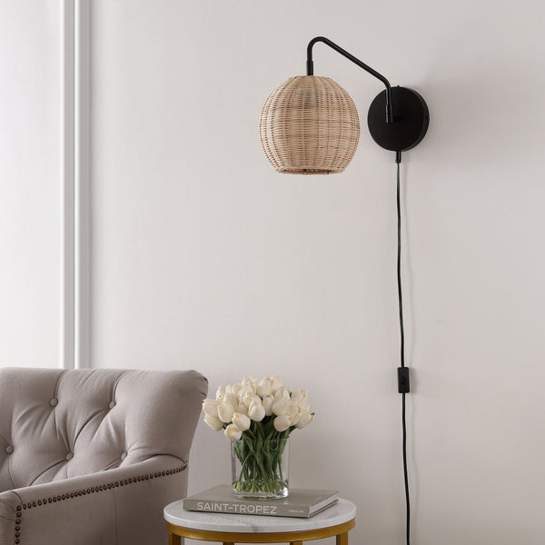 Safavieh GRIGORY, Set of 2 Stylish Rattan & Iron Wall Sconces - 15" Modern Lighting for Cozy Ambiance SCN4079A-SET2