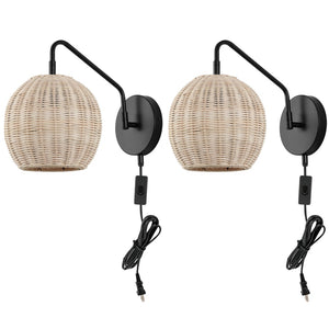 Safavieh GRIGORY, Set of 2 Stylish Rattan & Iron Wall Sconces - 15" Modern Lighting for Cozy Ambiance SCN4079A-SET2