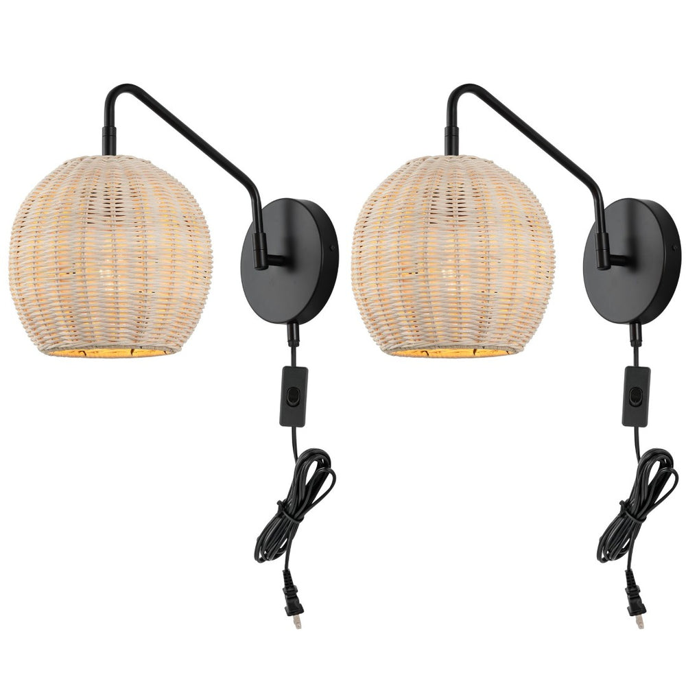 Safavieh GRIGORY, Set of 2 Stylish Rattan & Iron Wall Sconces - 15" Modern Lighting for Cozy Ambiance SCN4079A-SET2