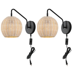 Safavieh GRIGORY, Set of 2 Stylish Rattan & Iron Wall Sconces - 15" Modern Lighting for Cozy Ambiance SCN4079A-SET2
