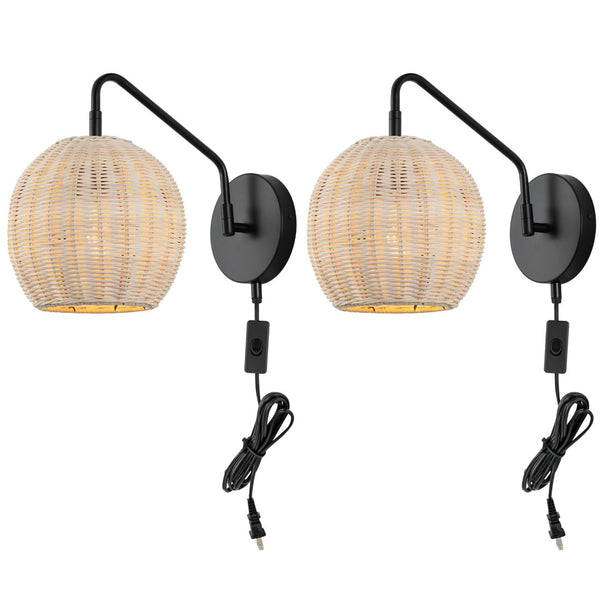 Safavieh GRIGORY, Set of 2 Stylish Rattan & Iron Wall Sconces - 15" Modern Lighting for Cozy Ambiance SCN4079A-SET2