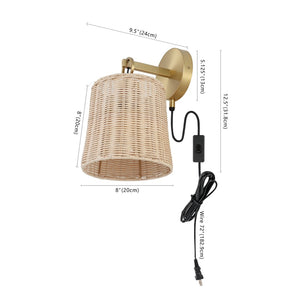 Safavieh CIARAN, Stylish 9.5-Inch Rattan and Iron Wall Sconce Set of 2 for Modern and Coastal Decor Natural / Brass SCN4080A-SET2