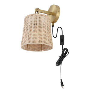 Safavieh CIARAN, Stylish 9.5-Inch Rattan and Iron Wall Sconce Set of 2 for Modern and Coastal Decor Natural / Brass SCN4080A-SET2