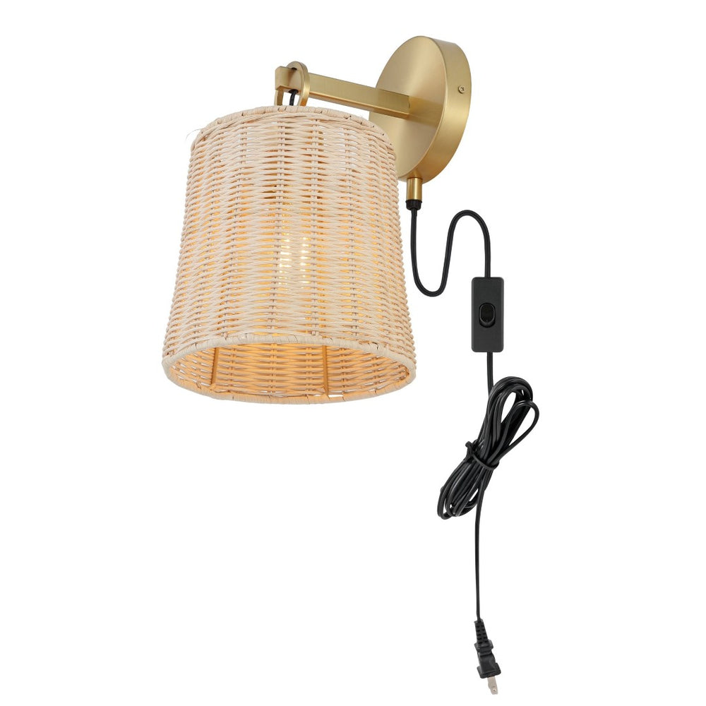 Safavieh CIARAN, Stylish 9.5-Inch Rattan and Iron Wall Sconce Set of 2 for Modern and Coastal Decor Natural / Brass SCN4080A-SET2