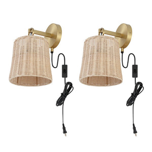 Safavieh CIARAN, Stylish 9.5-Inch Rattan and Iron Wall Sconce Set of 2 for Modern and Coastal Decor Natural / Brass SCN4080A-SET2