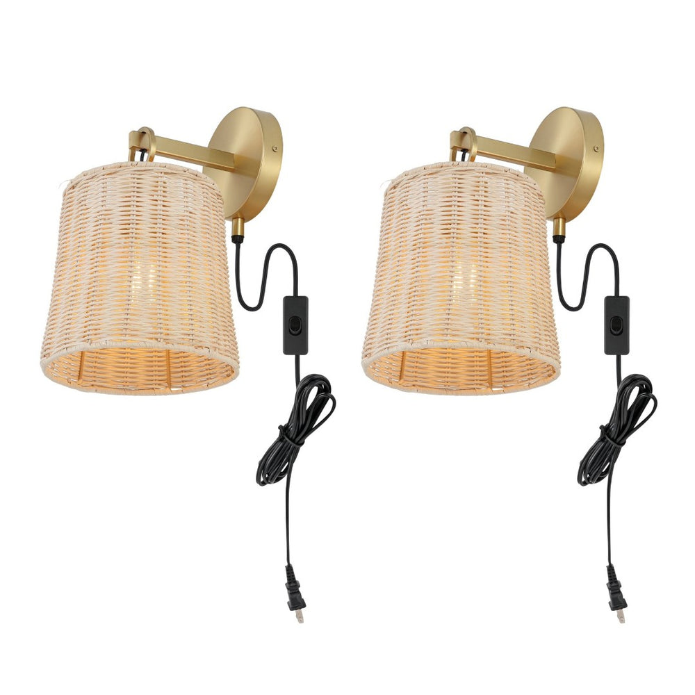Safavieh CIARAN, Stylish 9.5-Inch Rattan and Iron Wall Sconce Set of 2 for Modern and Coastal Decor Natural / Brass SCN4080A-SET2