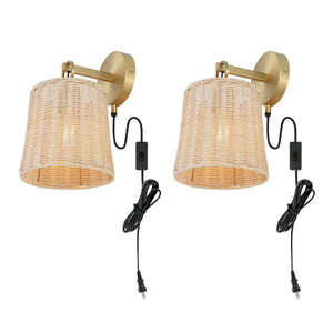 Safavieh CIARAN, Stylish 9.5-Inch Rattan and Iron Wall Sconce Set of 2 for Modern and Coastal Decor Natural / Brass SCN4080A-SET2