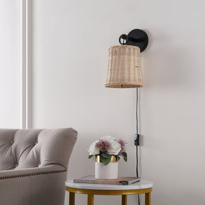 Safavieh CIARAN, Stylish 9.5-Inch Rattan and Iron Wall Sconce Set of 2 for Modern and Coastal Decor Natural / Black SCN4080B-SET2