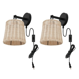 Safavieh CIARAN, Stylish 9.5-Inch Rattan and Iron Wall Sconce Set of 2 for Modern and Coastal Decor Natural / Black SCN4080B-SET2