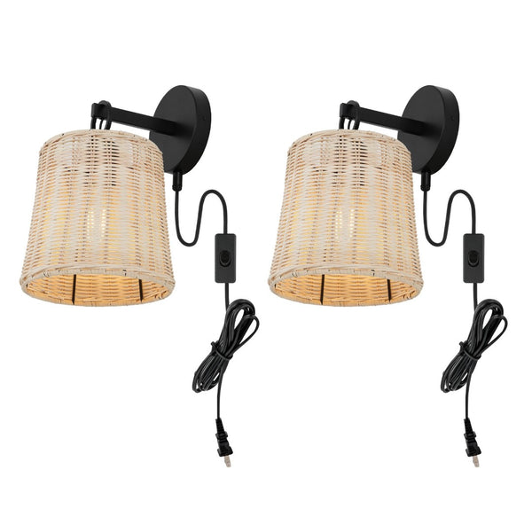 Safavieh CIARAN, Stylish 9.5-Inch Rattan and Iron Wall Sconce Set of 2 for Modern and Coastal Decor Natural / Black SCN4080B-SET2