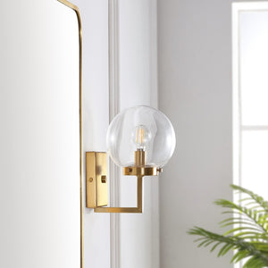 Safavieh GANON, Elegant Metal and Glass Wall Sconce Set of 2 for Ambient Lighting in Modern Interiors Brass / Clear SCN4084A-SET2