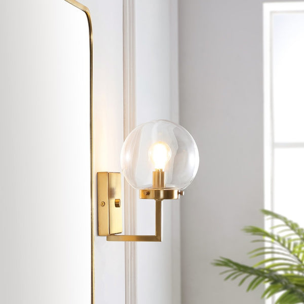 Safavieh GANON, Elegant Metal and Glass Wall Sconce Set of 2 for Ambient Lighting in Modern Interiors Brass / Clear SCN4084A-SET2