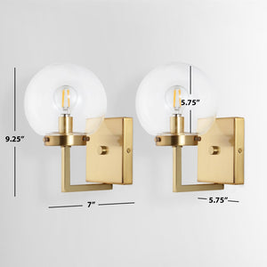Safavieh GANON, Elegant Metal and Glass Wall Sconce Set of 2 for Ambient Lighting in Modern Interiors Brass / Clear SCN4084A-SET2