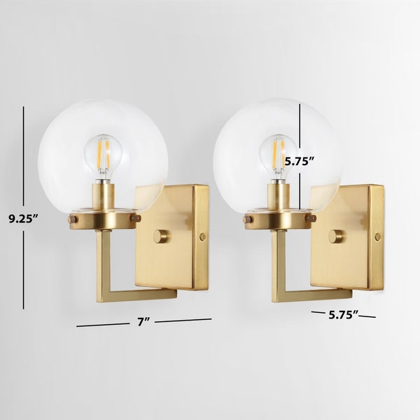 Safavieh GANON, Elegant Metal and Glass Wall Sconce Set of 2 for Ambient Lighting in Modern Interiors Brass / Clear SCN4084A-SET2