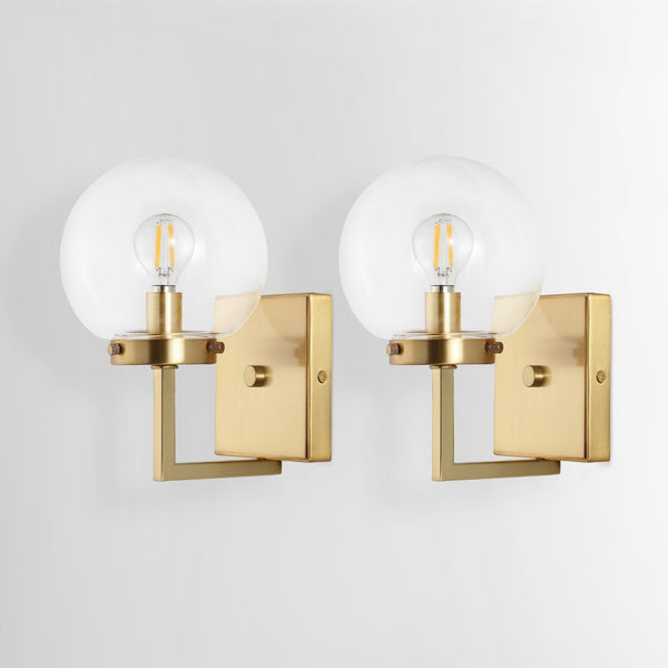 Safavieh GANON, Elegant Metal and Glass Wall Sconce Set of 2 for Ambient Lighting in Modern Interiors Brass / Clear SCN4084A-SET2