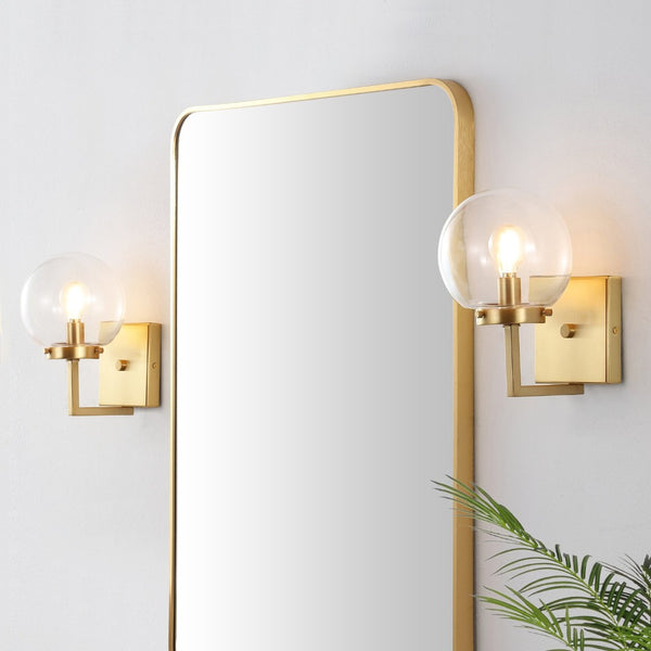 Safavieh GANON, Elegant Metal and Glass Wall Sconce Set of 2 for Ambient Lighting in Modern Interiors Brass / Clear SCN4084A-SET2