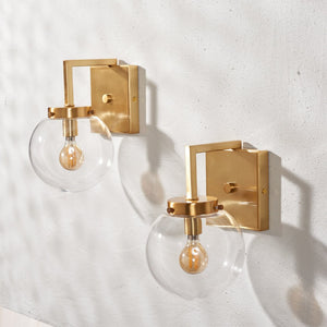 Safavieh GANON, Elegant Metal and Glass Wall Sconce Set of 2 for Ambient Lighting in Modern Interiors Brass / Clear SCN4084A-SET2